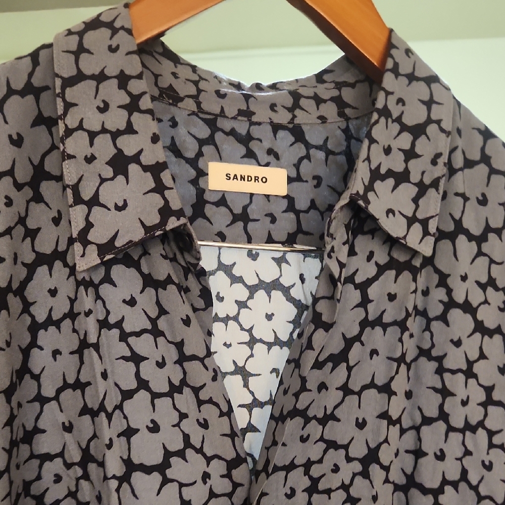 Sandro Black and Gray Floral Blouse XXL